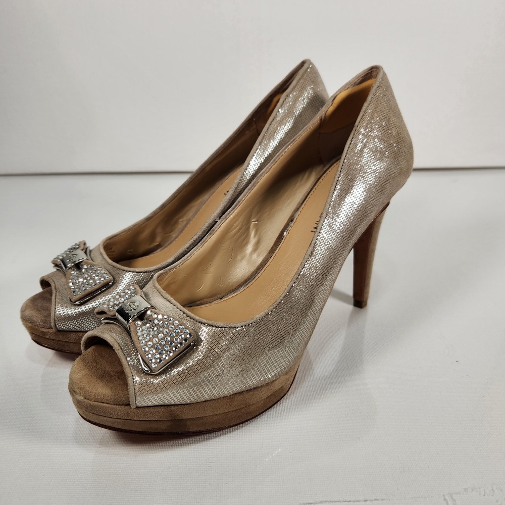 Antonio Melani Taupe Silver Suede Rhinestone Bow Open Toe Pumps Heels Size 8.5M
